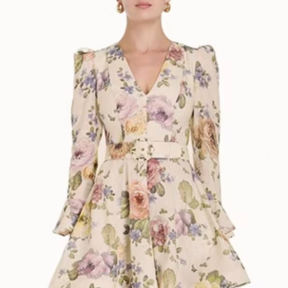 NWOT Zimmermann Luminosity Lyrical V Neck Bell Sleeve Floral  Mini Dress AU1